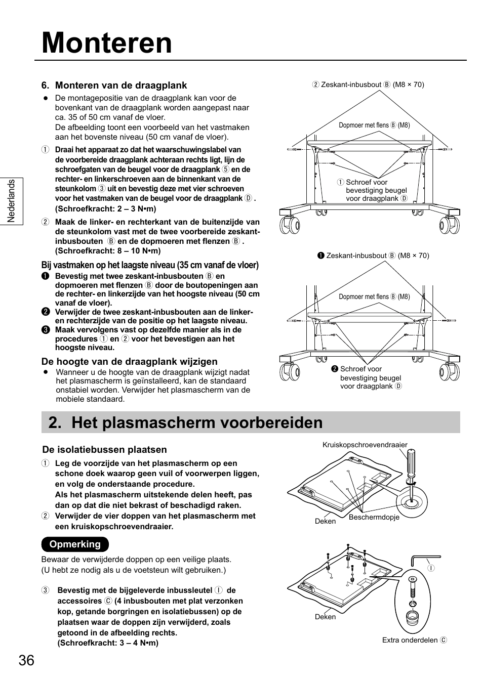 Monteren, Het plasmascherm voorbereiden | Panasonic TYST58PF20 User Manual | Page 36 / 122