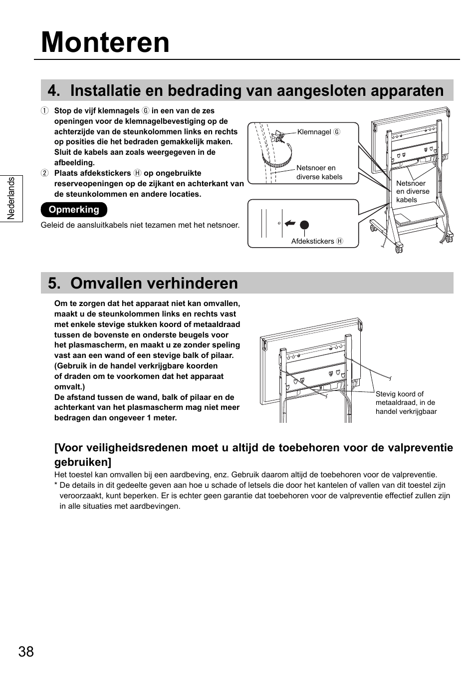 Monteren, Installatie en bedrading van aangesloten apparaten, Omvallen verhinderen | Panasonic TYST58PF20 User Manual | Page 38 / 122