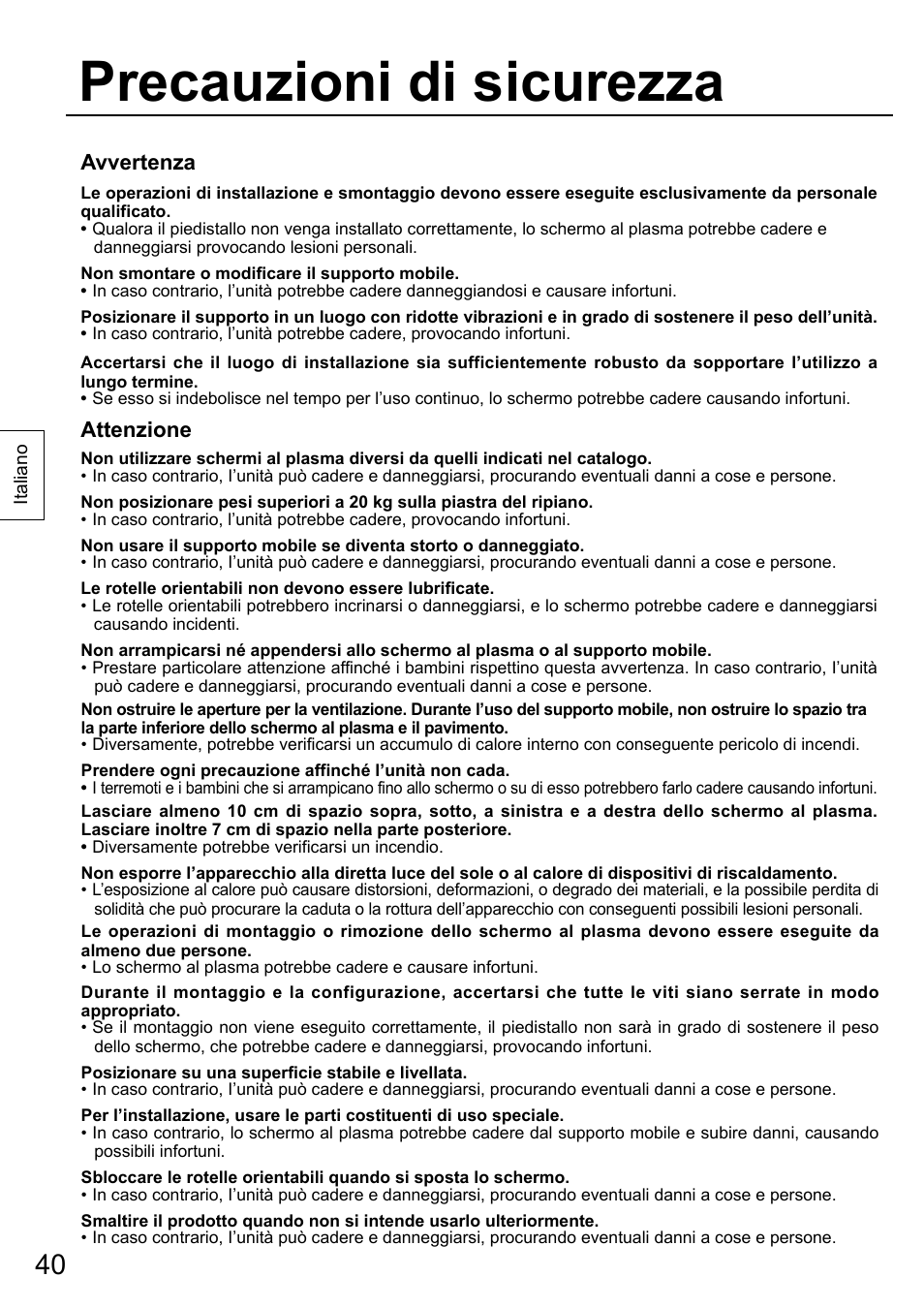 Precauzioni di sicurezza, Avvertenza, Attenzione | Panasonic TYST58PF20 User Manual | Page 40 / 122
