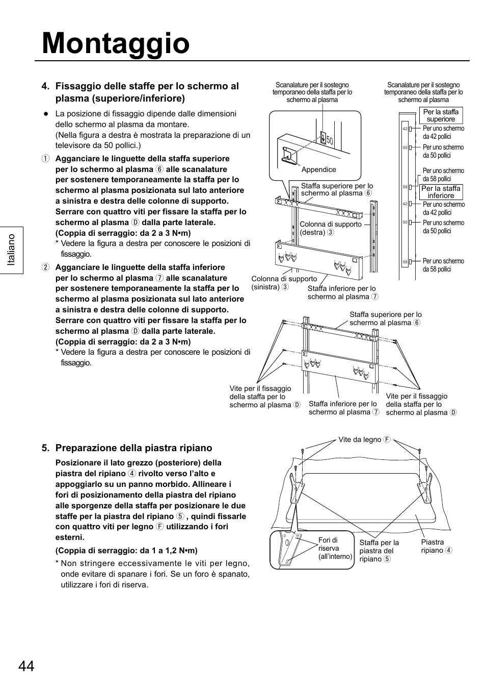 Montaggio, Italiano 5. preparazione della piastra ripiano | Panasonic TYST58PF20 User Manual | Page 44 / 122