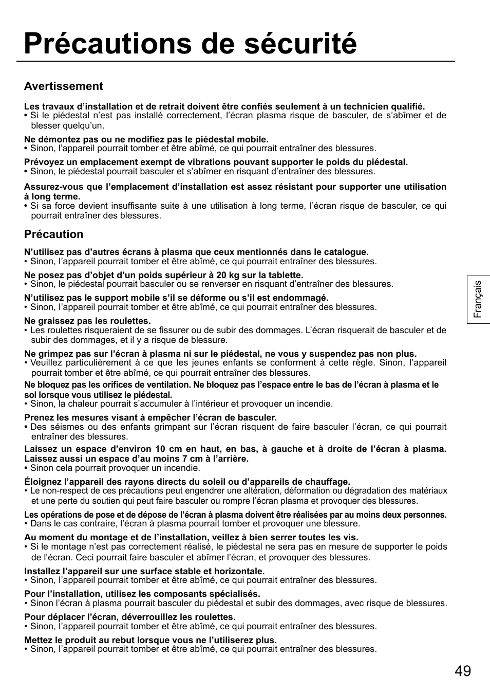 Précautions de sécurité, Avertissement, Précaution | Panasonic TYST58PF20 User Manual | Page 49 / 122