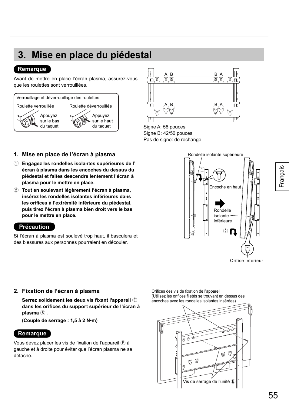Mise en place du piédestal | Panasonic TYST58PF20 User Manual | Page 55 / 122