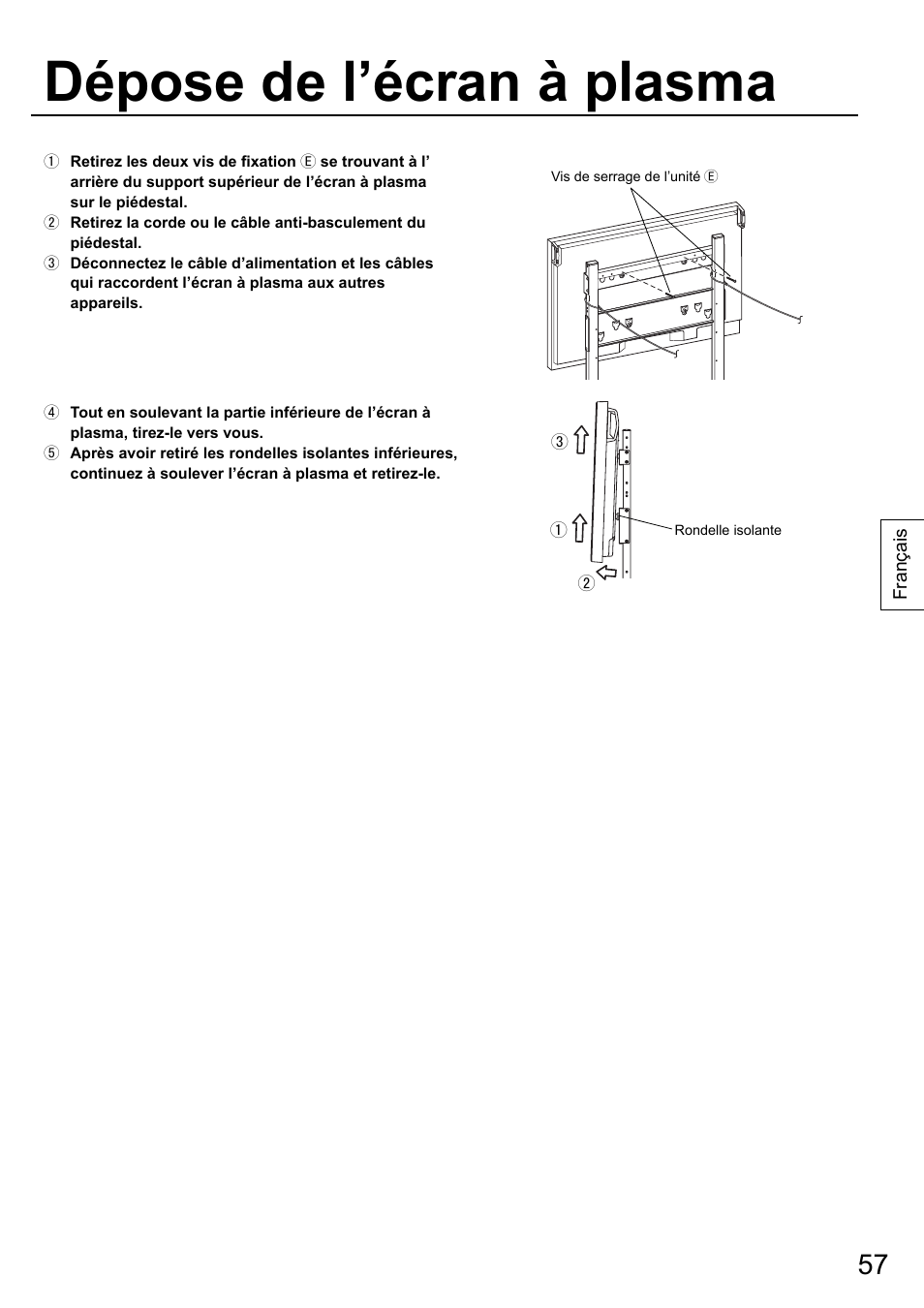 Dépose de l’écran à plasma | Panasonic TYST58PF20 User Manual | Page 57 / 122