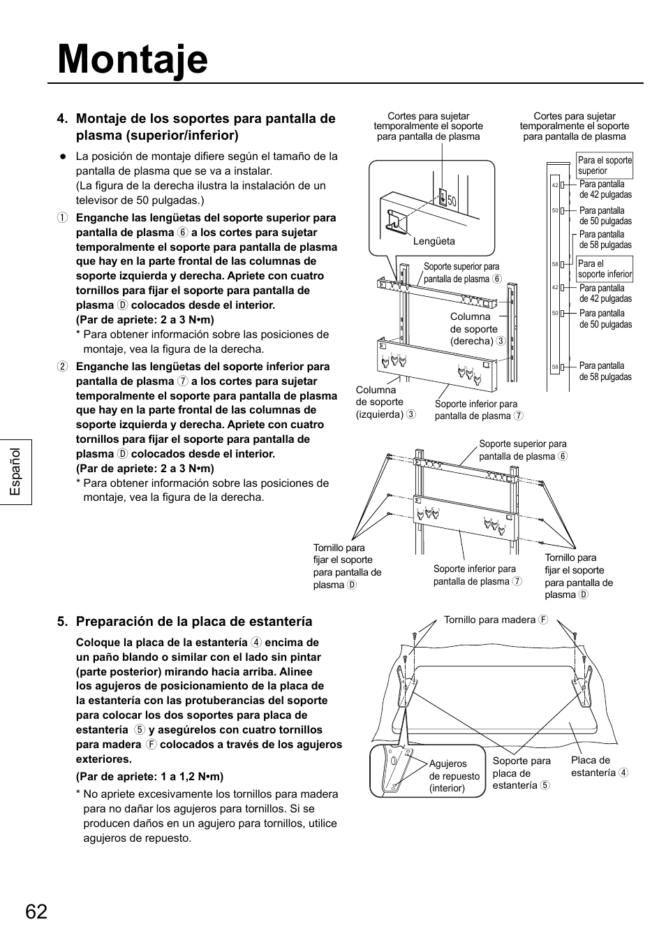 Montaje, Español 5. preparación de la placa de estantería | Panasonic TYST58PF20 User Manual | Page 62 / 122