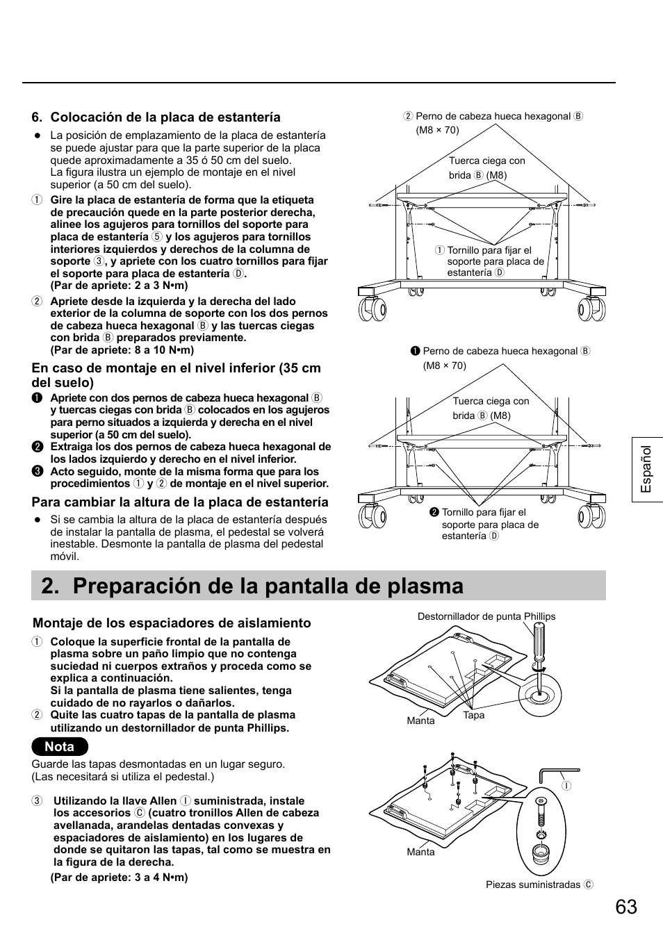Preparación de la pantalla de plasma | Panasonic TYST58PF20 User Manual | Page 63 / 122