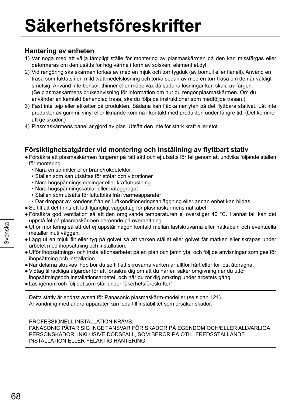 Säkerhetsföreskrifter | Panasonic TYST58PF20 User Manual | Page 68 / 122