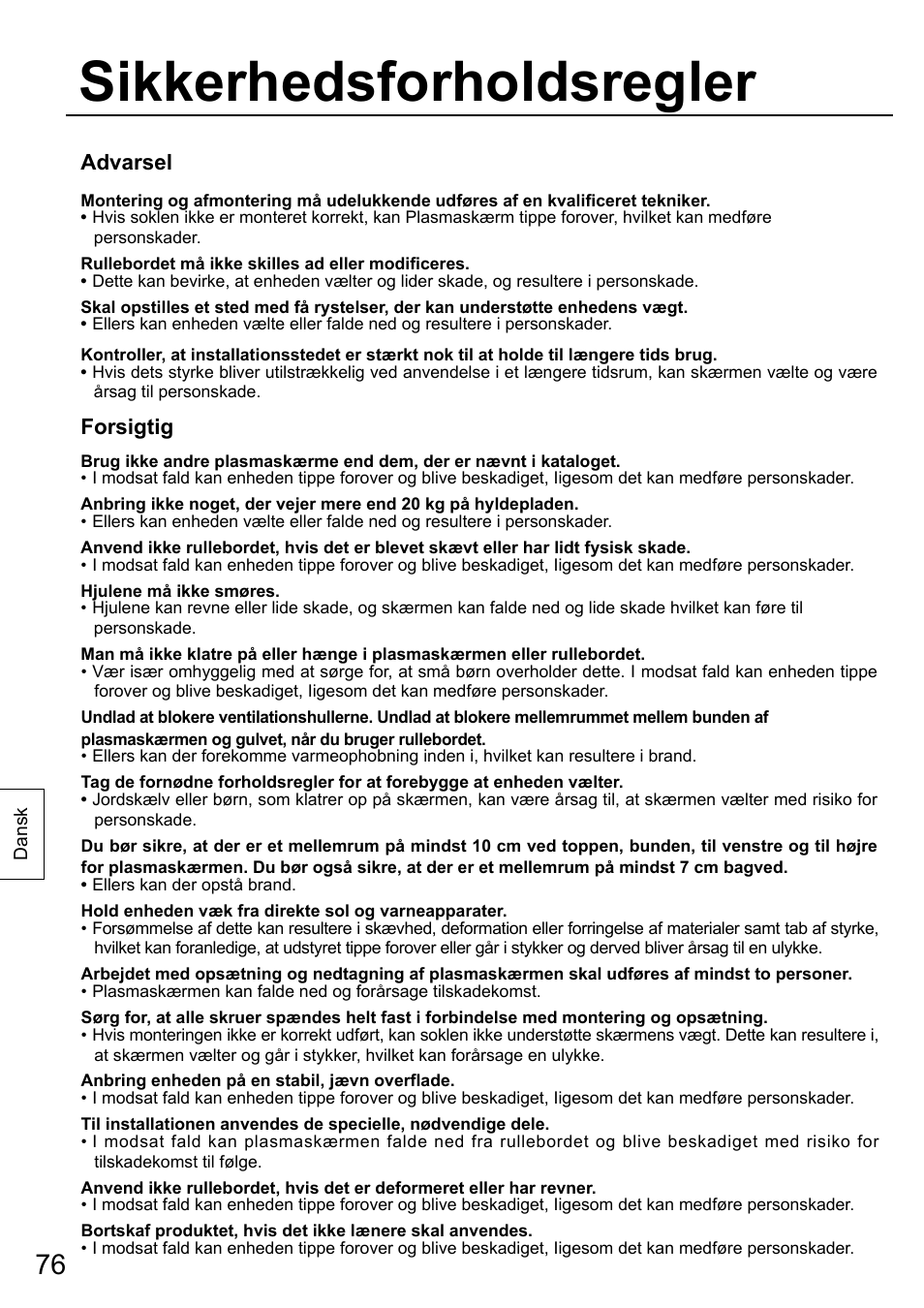Sikkerhedsforholdsregler, Advarsel, Forsigtig | Panasonic TYST58PF20 User Manual | Page 76 / 122