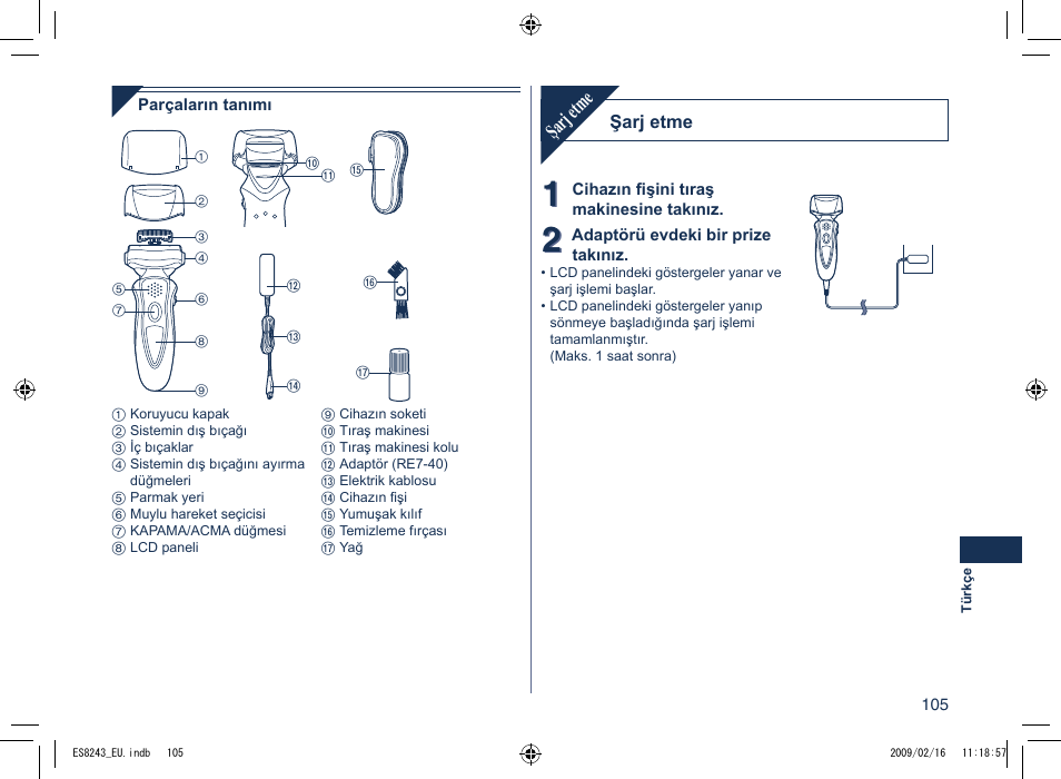 Şarj etme | Panasonic ES8243 User Manual | Page 105 / 116