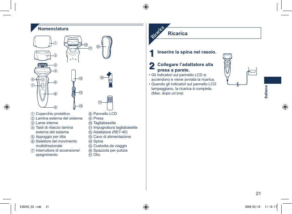 Ricarica | Panasonic ES8243 User Manual | Page 21 / 116