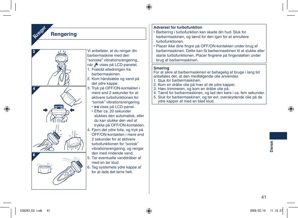 Rengør, Rengøring | Panasonic ES8243 User Manual | Page 41 / 116