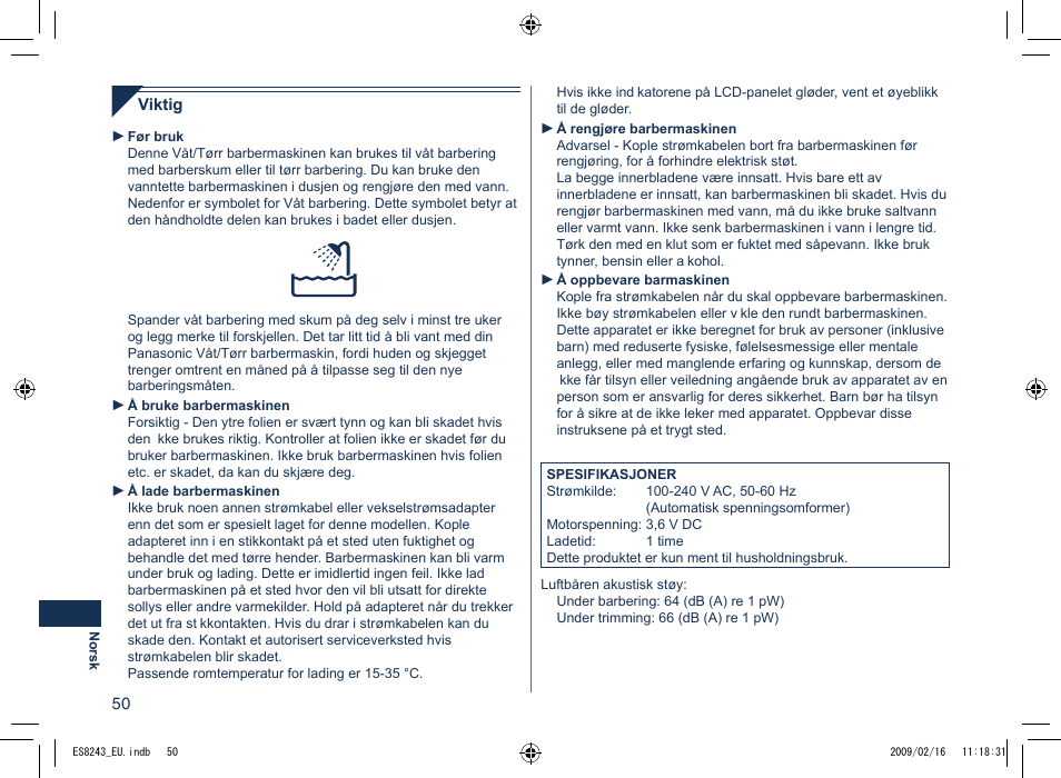 Panasonic ES8243 User Manual | Page 50 / 116