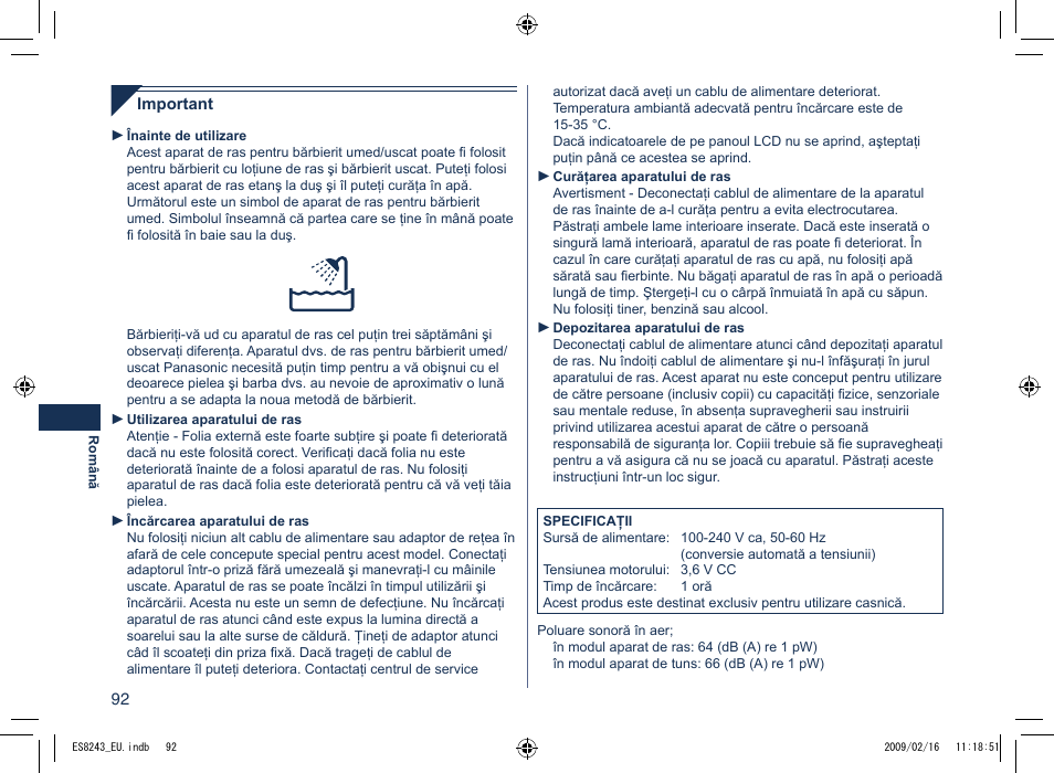 Panasonic ES8243 User Manual | Page 92 / 116