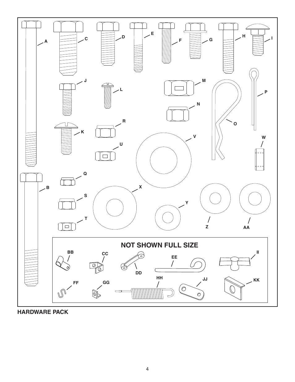 Not shown full size, Hardware pack | Agri-Fab Mow-N-Vac 45-04072 User Manual | Page 4 / 28