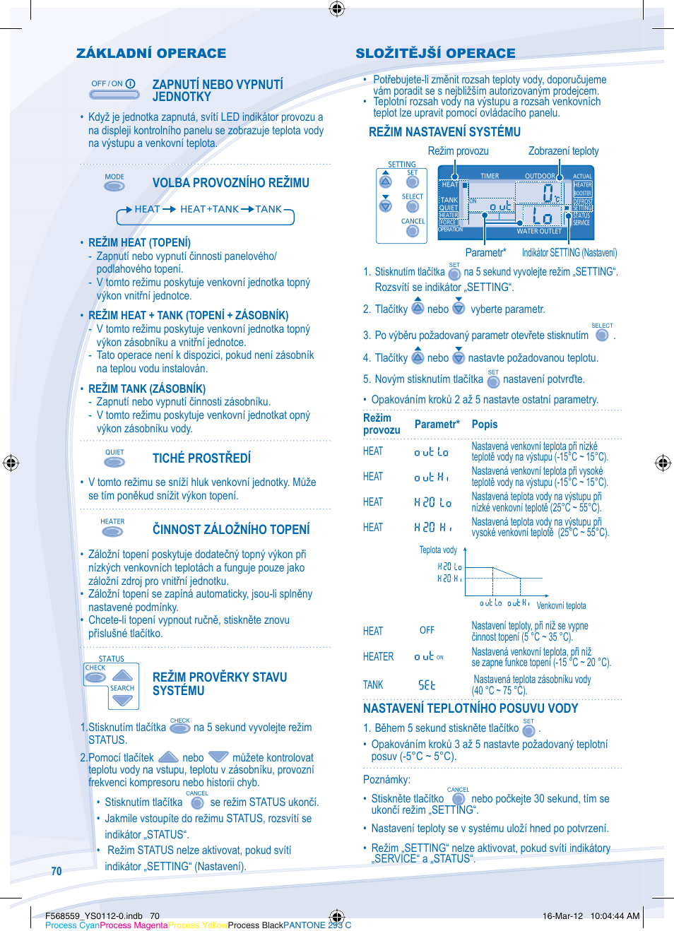 Základní operace, Zapnutí nebo vypnutí jednotky, Volba provozního režimu | Tiché prostředí, Činnost záložního topení, Režim prověrky stavu systému, Režim nastavení systému, Nastavení teplotního posuvu vody, Složitější operace | Panasonic WHSDF12C9E81 User Manual | Page 70 / 76