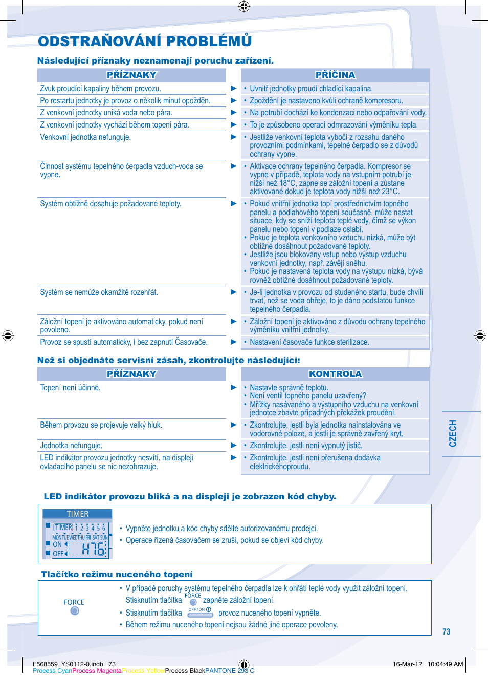 Odstraňování problémů | Panasonic WHSDF12C9E81 User Manual | Page 73 / 76
