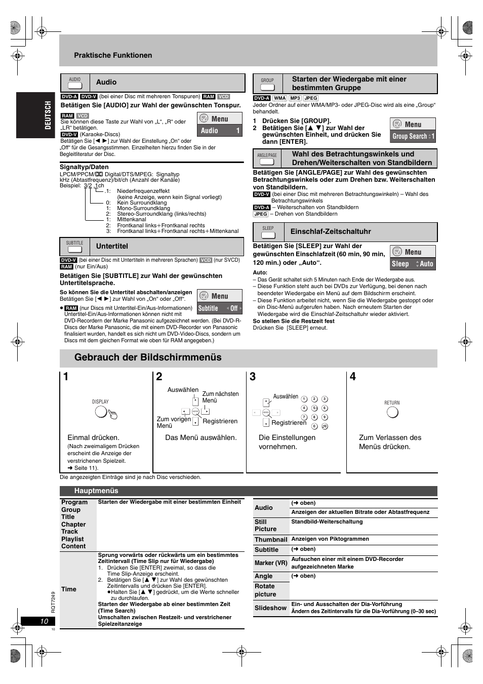 Gebrauch der bildschirmmenüs | Panasonic DVDS47EG User Manual | Page 10 / 75