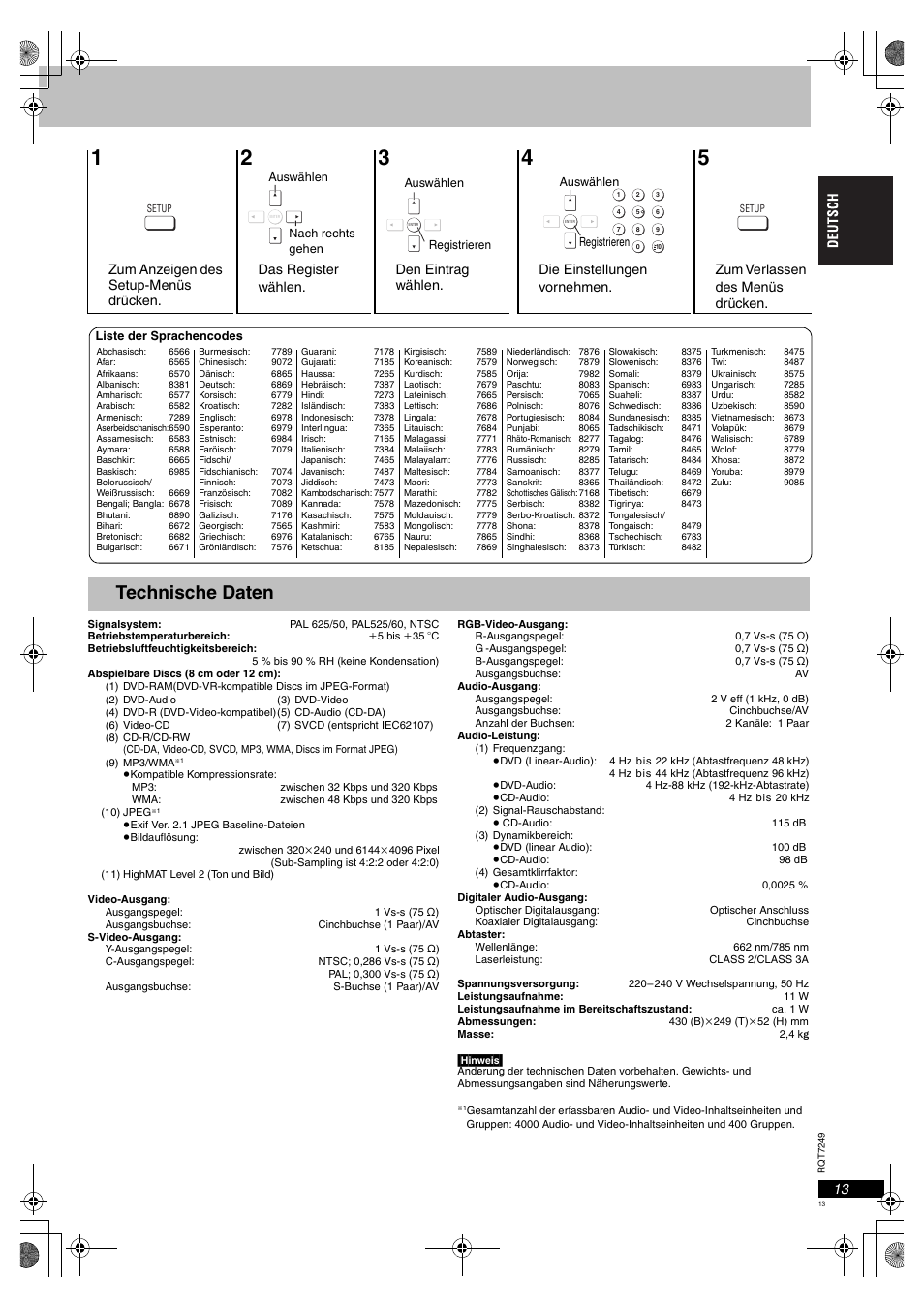 Technische daten | Panasonic DVDS47EG User Manual | Page 13 / 75