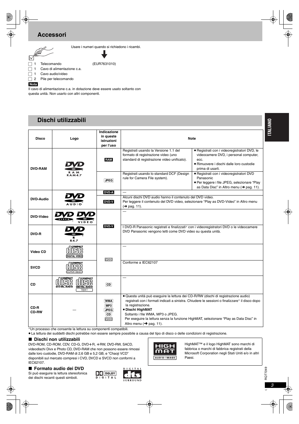 Accessori, Dischi utilizzabili | Panasonic DVDS47EG User Manual | Page 17 / 75