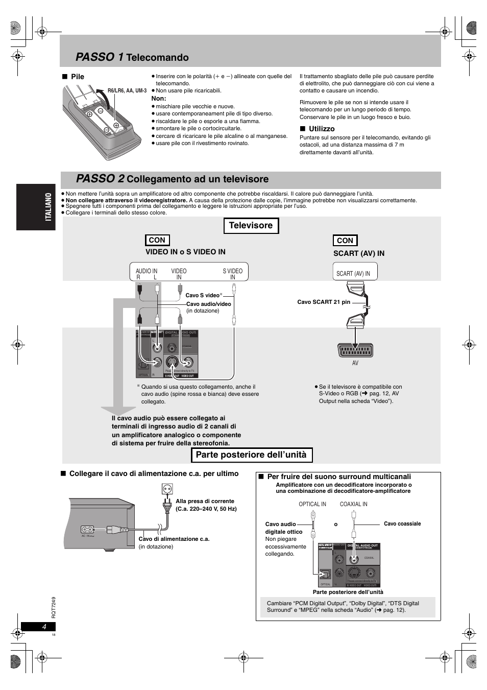 Passo 1, Passo 2, Telecomando | Collegamento ad un televisore, Parte posteriore dell’unità televisore | Panasonic DVDS47EG User Manual | Page 18 / 75