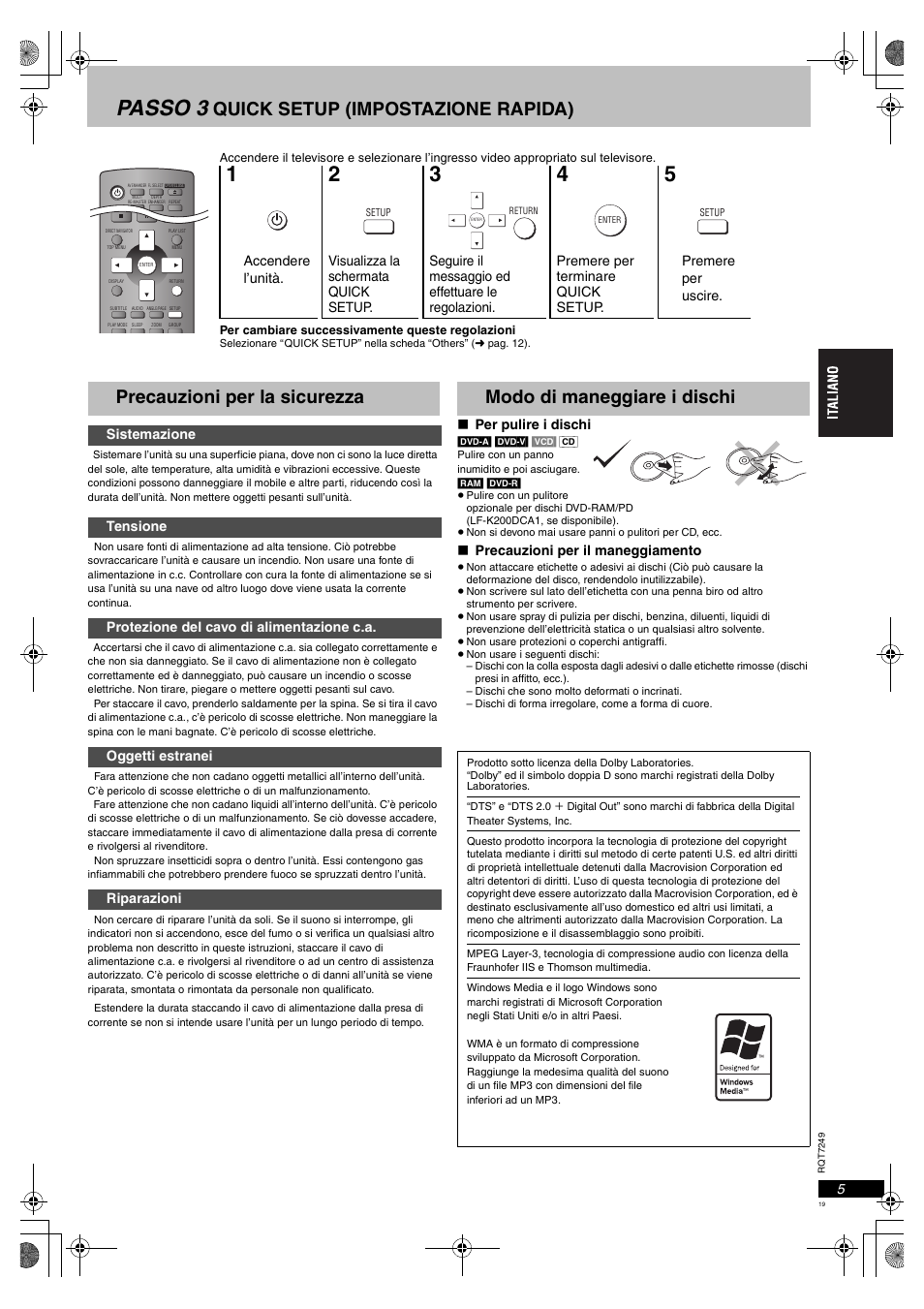 Passo 3, Quick setup (impostazione rapida), Precauzioni per la sicurezza | Modo di maneggiare i dischi | Panasonic DVDS47EG User Manual | Page 19 / 75