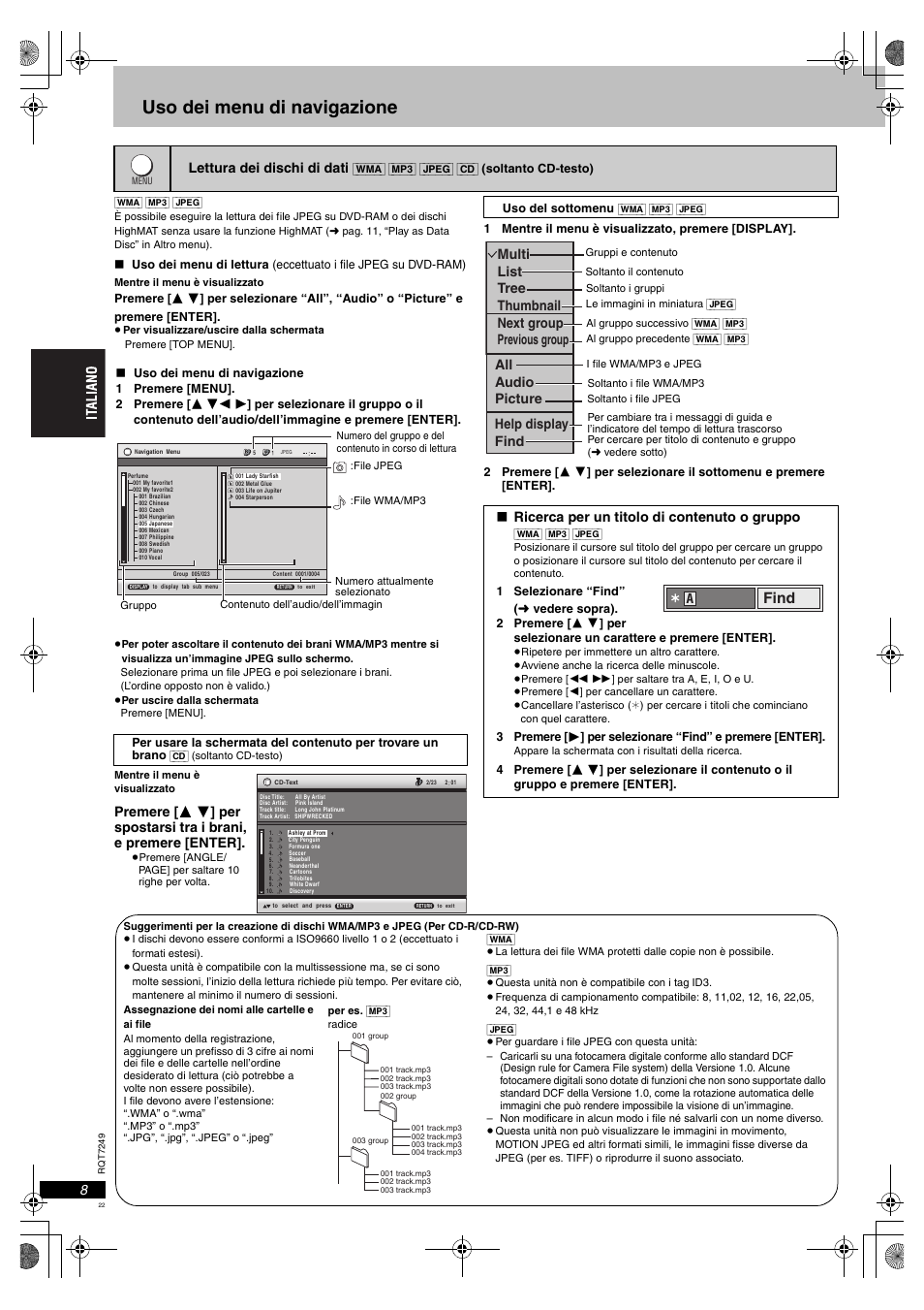 Uso dei menu di navigazione, Find | Panasonic DVDS47EG User Manual | Page 22 / 75