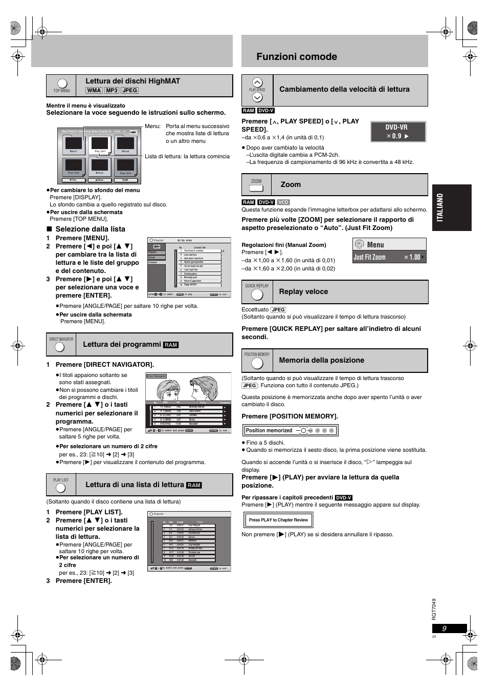 Funzioni comode, Selezione dalla lista, Lettura dei dischi highmat | Lettura dei programmi, Lettura di una lista di lettura, Menu just fit zoom, Dvd-vr  0.9, 1 premere [direct navigator, 3 premere [enter, Wma] [mp3] [jpeg | Panasonic DVDS47EG User Manual | Page 23 / 75