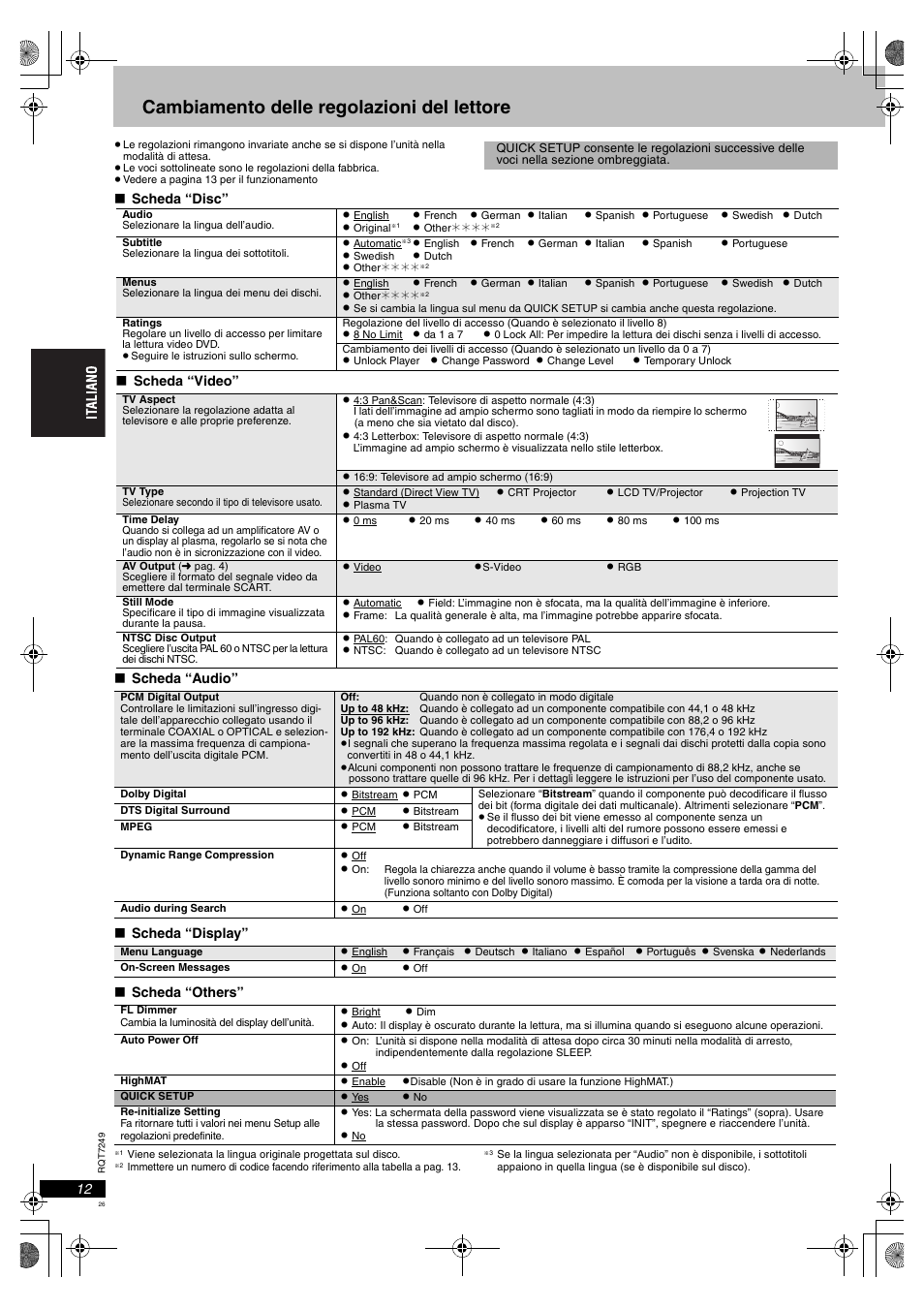 Cambiamento delle regolazioni del lettore | Panasonic DVDS47EG User Manual | Page 26 / 75