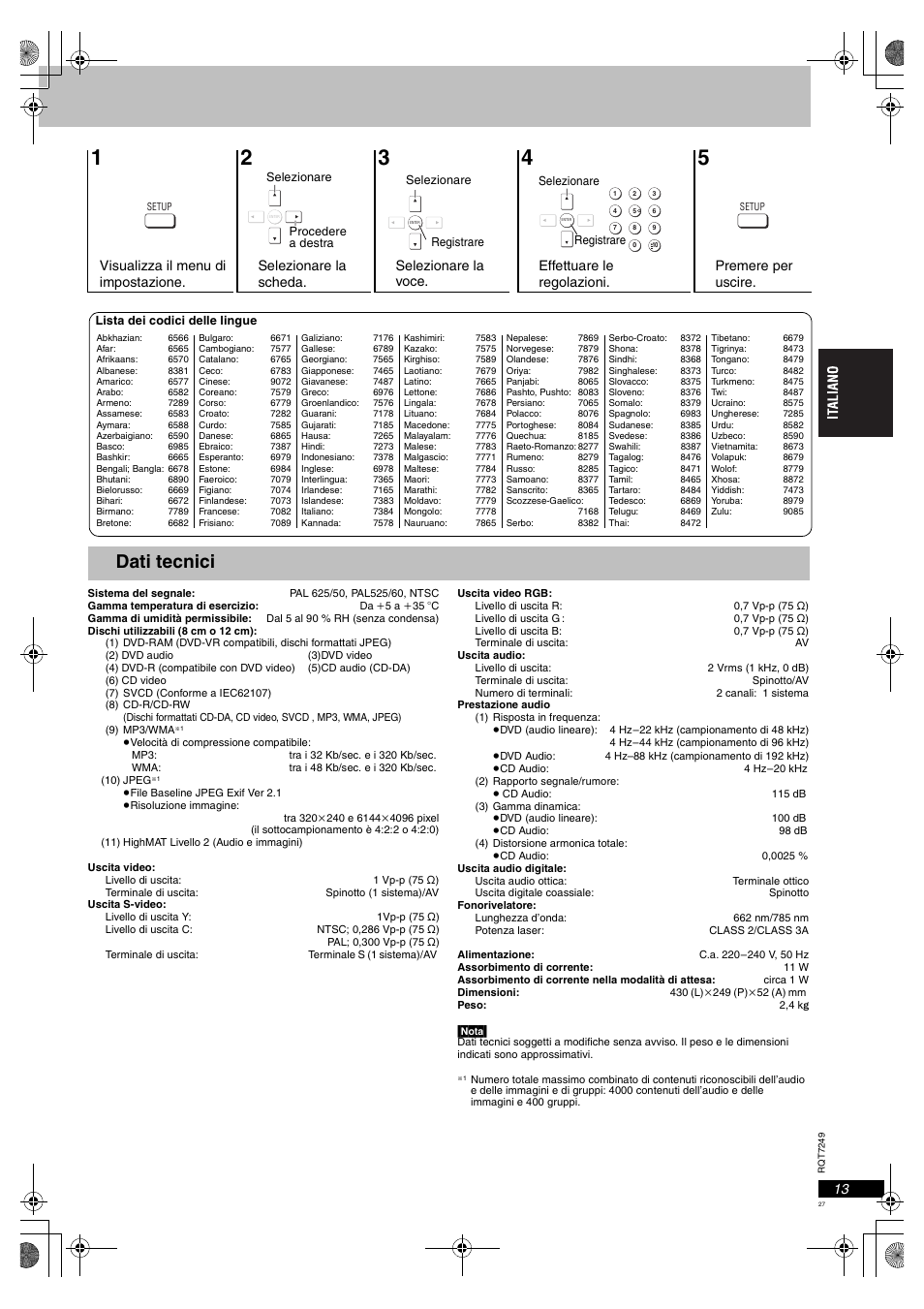 Dati tecnici | Panasonic DVDS47EG User Manual | Page 27 / 75