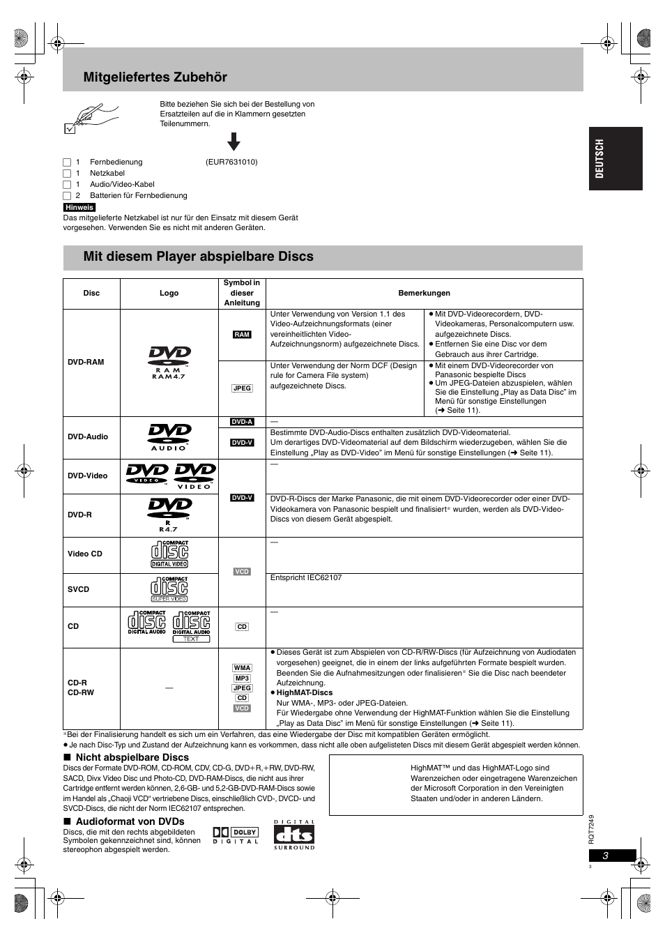 Mitgeliefertes zubehör, Mit diesem player abspielbare discs | Panasonic DVDS47EG User Manual | Page 3 / 75