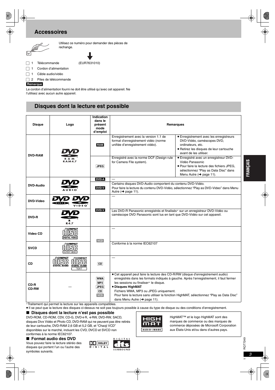 Accessoires, Disques dont la lecture est possible | Panasonic DVDS47EG User Manual | Page 31 / 75