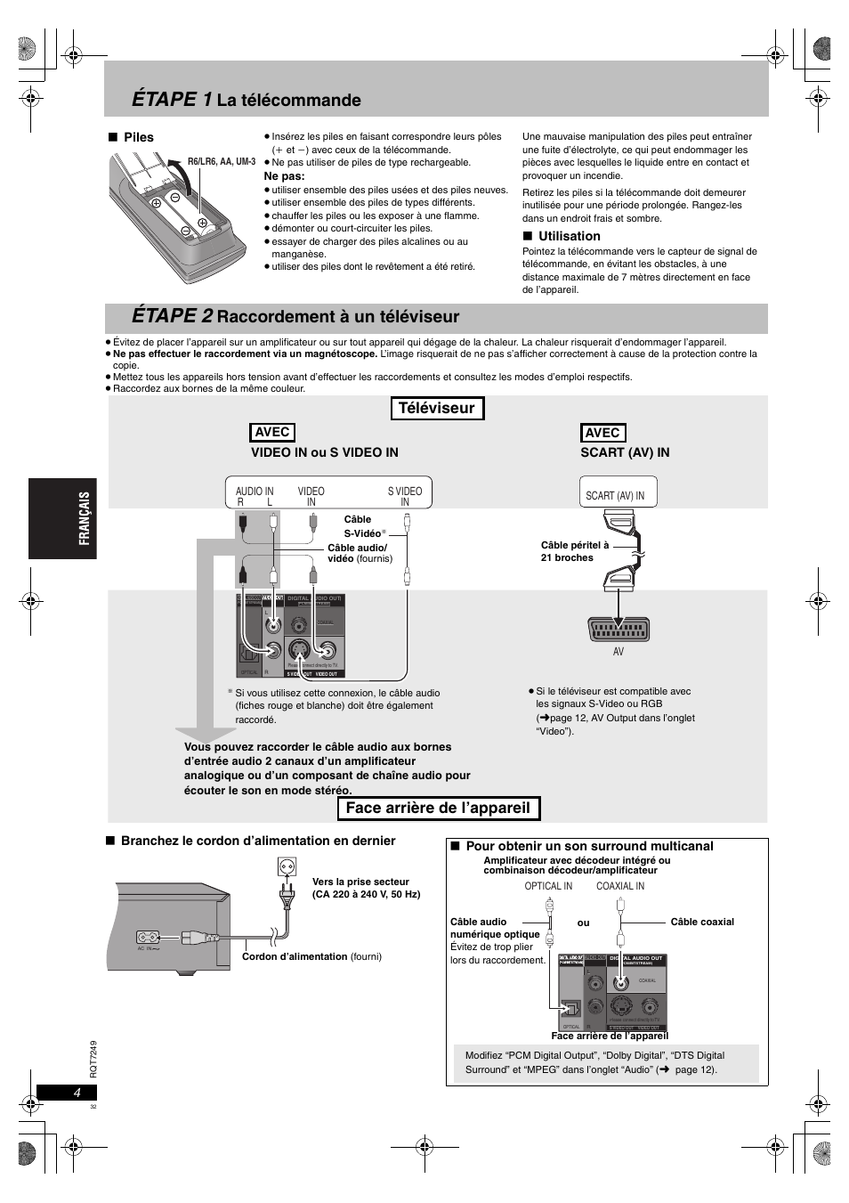 Étape 1, Étape 2, La télécommande | Raccordement à un téléviseur, Face arrière de l’appareil téléviseur | Panasonic DVDS47EG User Manual | Page 32 / 75