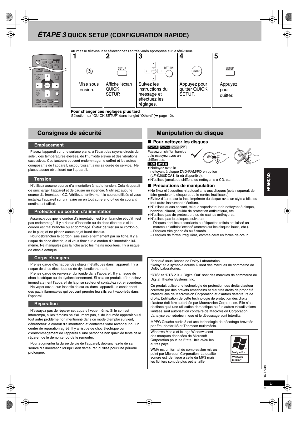 Étape 3, Quick setup (configuration rapide), Consignes de sécurité | Manipulation du disque | Panasonic DVDS47EG User Manual | Page 33 / 75