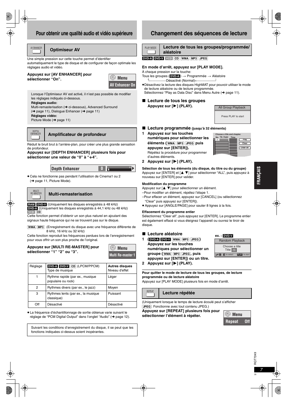 Pour obtenir une qualité audio et vidéo supérieure, Changement des séquences de lecture | Panasonic DVDS47EG User Manual | Page 35 / 75