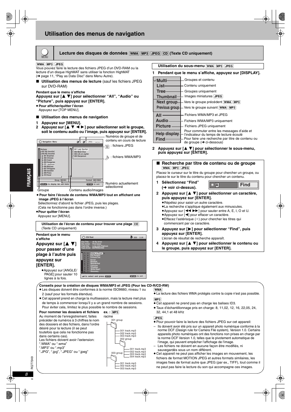 Utilisation des menus de navigation, Find | Panasonic DVDS47EG User Manual | Page 36 / 75