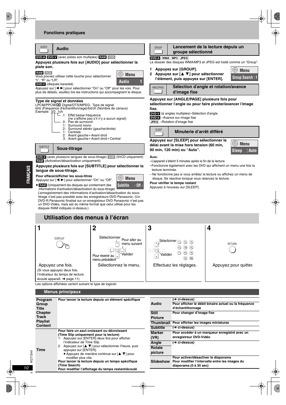 Utilisation des menus à l’écran | Panasonic DVDS47EG User Manual | Page 38 / 75