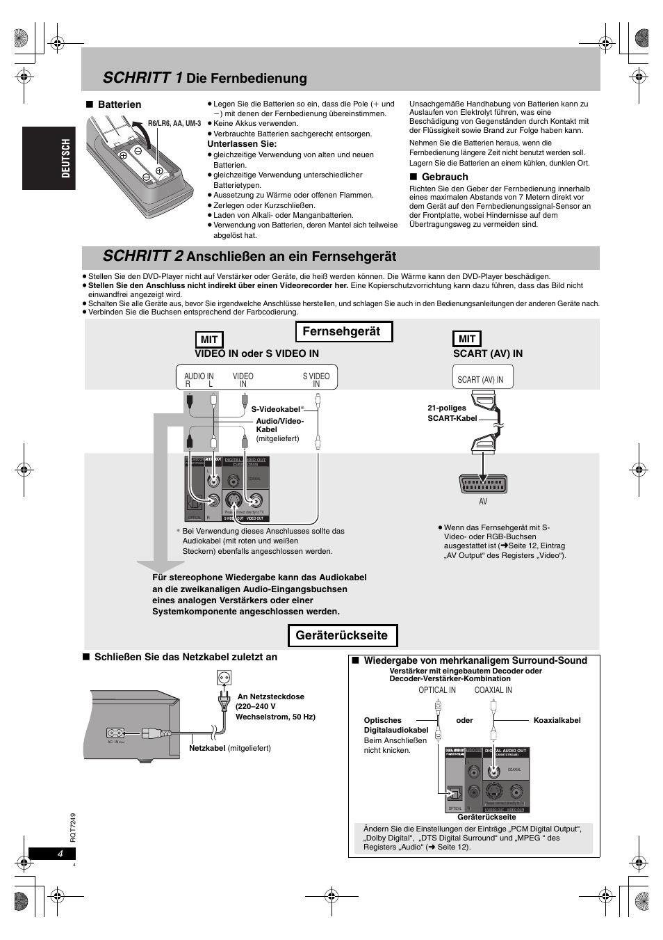 Schritt 1, Schritt 2, Die fernbedienung | Anschließen an ein fernsehgerät, Geräterückseite fernsehgerät | Panasonic DVDS47EG User Manual | Page 4 / 75