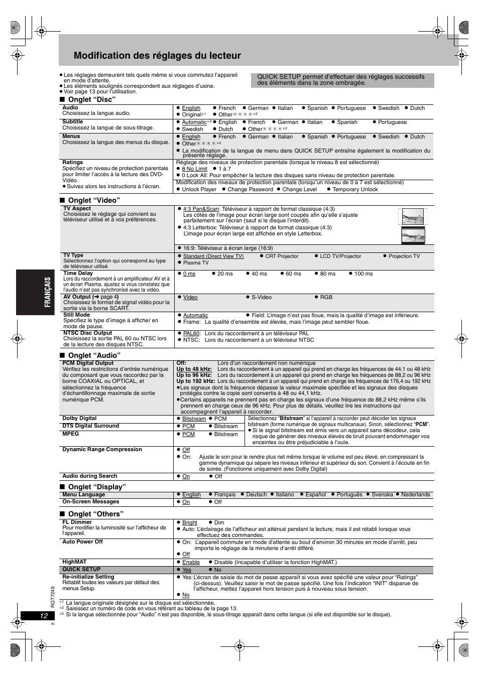 Modification des réglages du lecteur | Panasonic DVDS47EG User Manual | Page 40 / 75