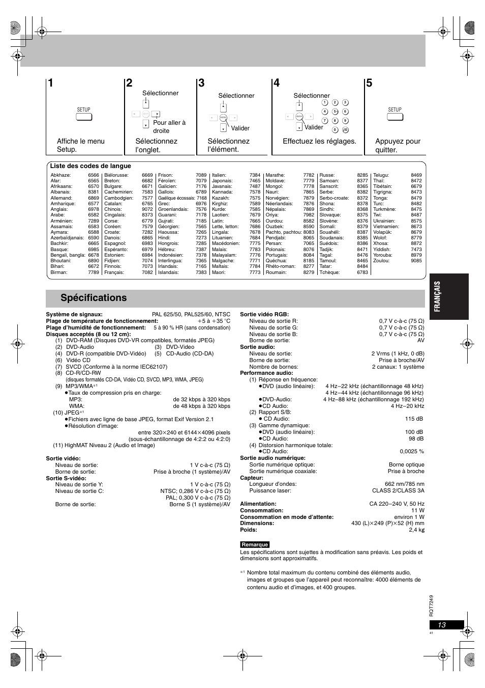 Spécifications | Panasonic DVDS47EG User Manual | Page 41 / 75