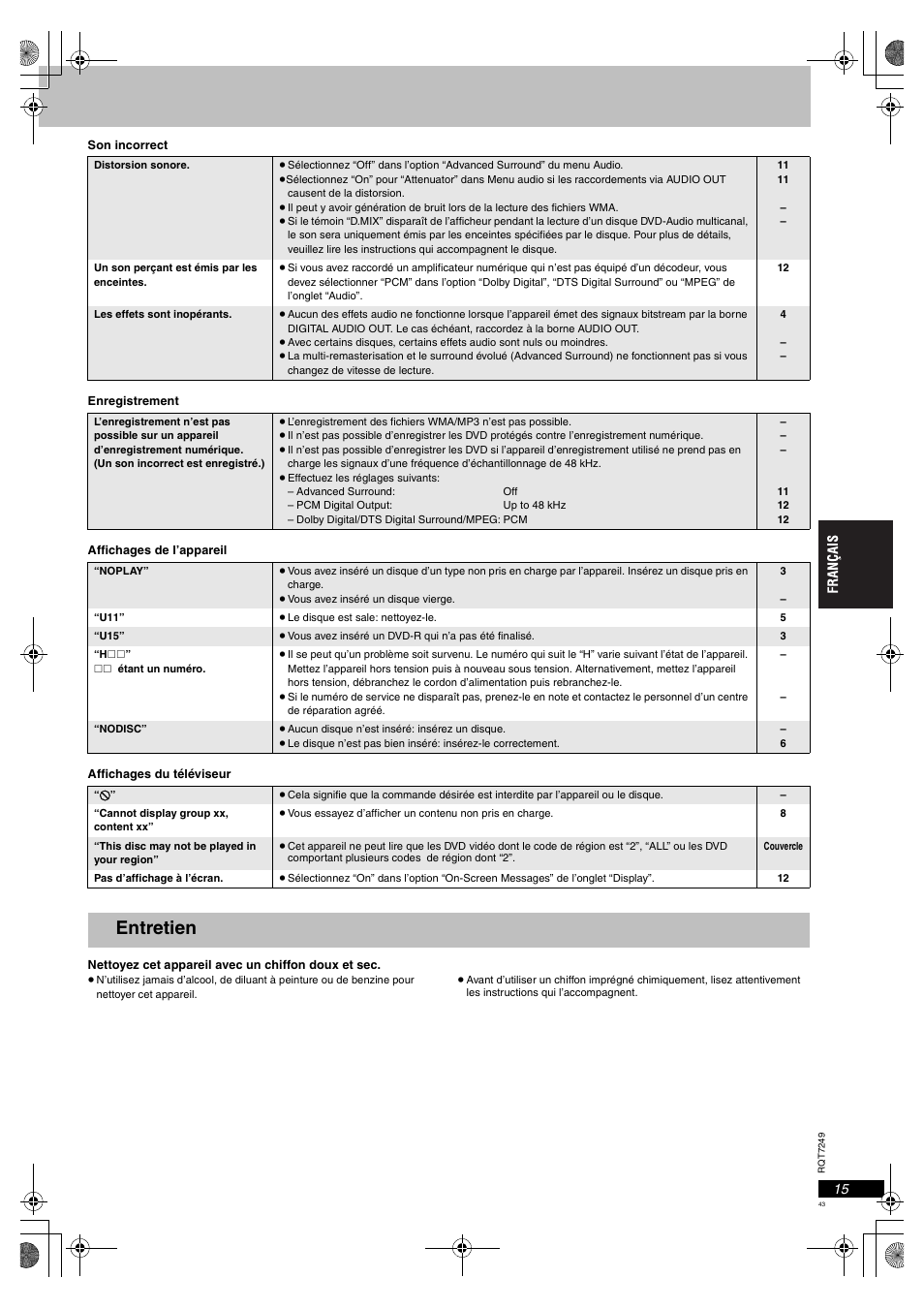 Entretien | Panasonic DVDS47EG User Manual | Page 43 / 75