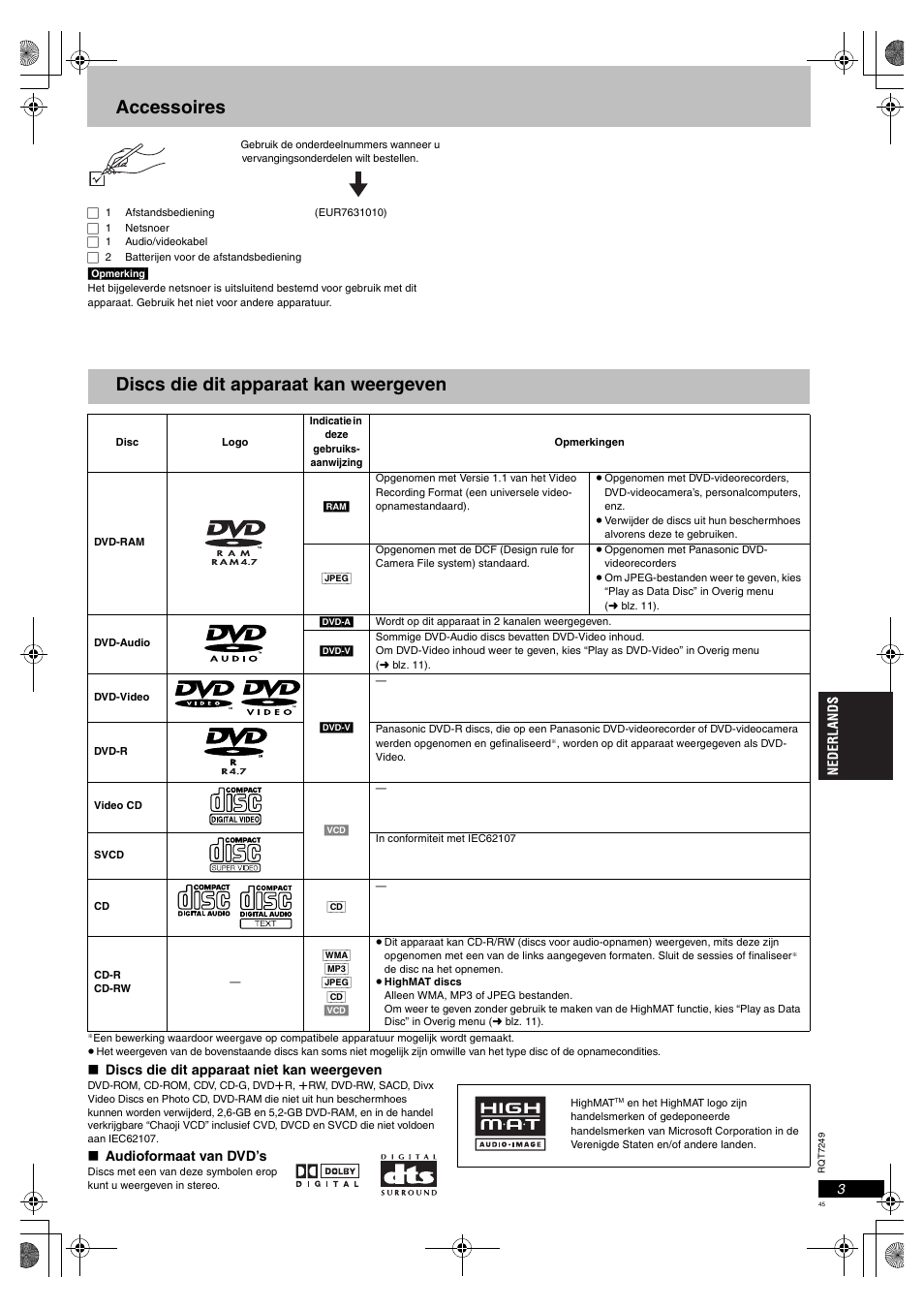 Accessoires, Discs die dit apparaat kan weergeven | Panasonic DVDS47EG User Manual | Page 45 / 75