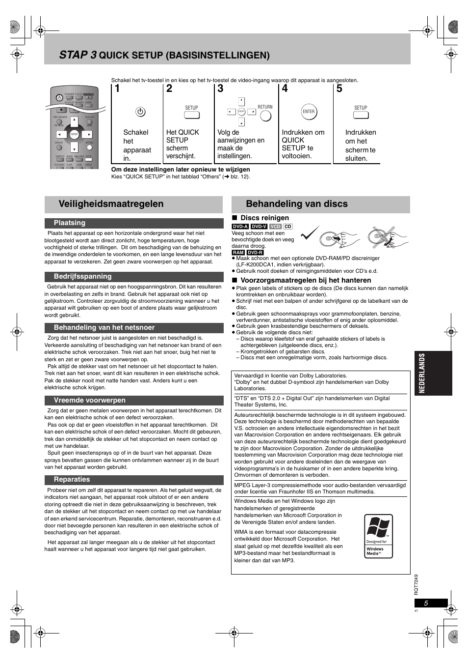 Stap 3, Veiligheidsmaatregelen, Behandeling van discs | Quick setup (basisinstellingen) | Panasonic DVDS47EG User Manual | Page 47 / 75