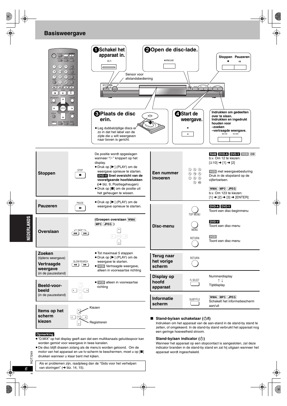 Basisweergave, Schakel het apparaat in, Open de disc-lade | Plaats de disc erin, Start de weergave, Stoppen, Pauzeren, Overslaan, Zoeken, Vertraagde weergave | Panasonic DVDS47EG User Manual | Page 48 / 75