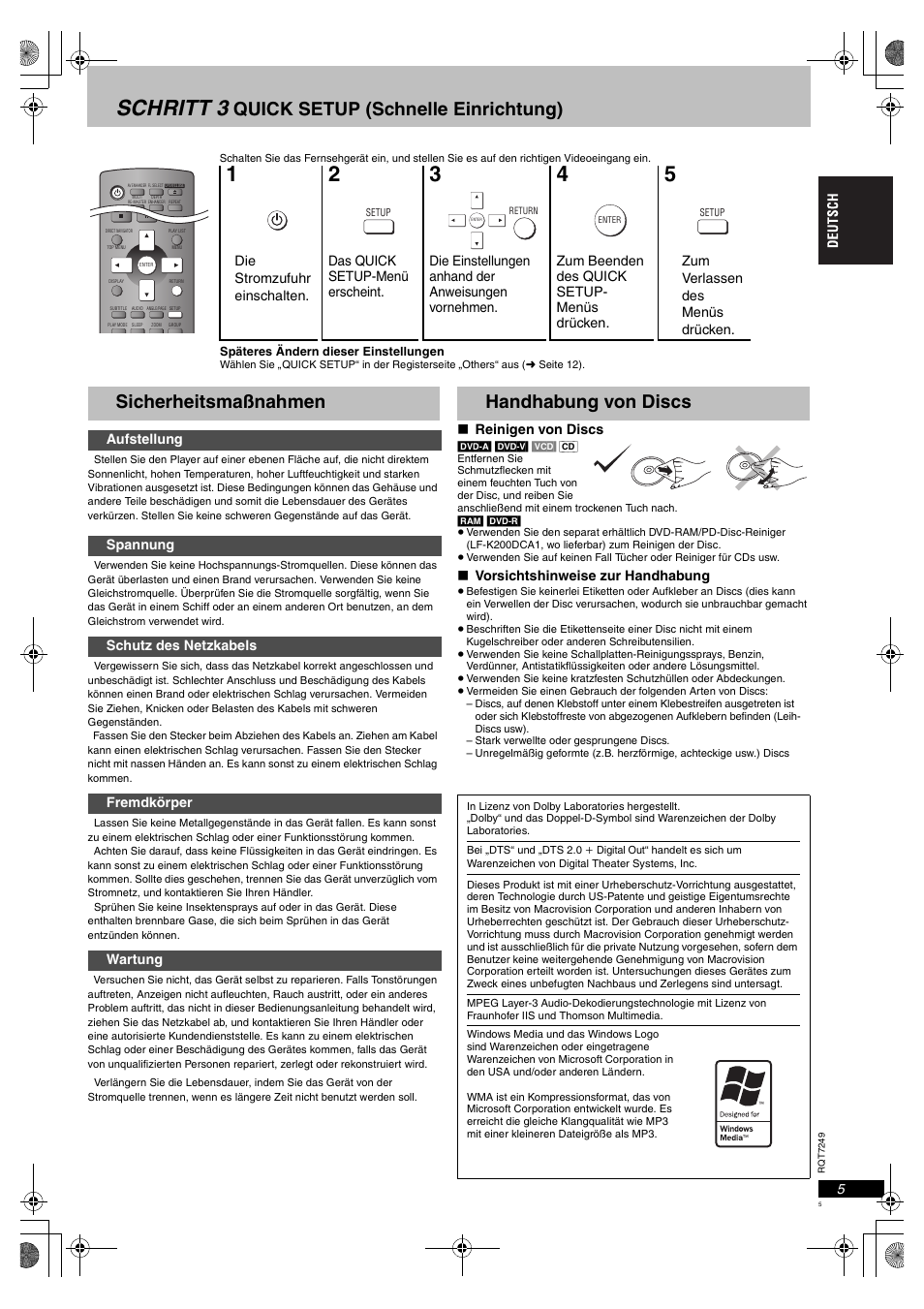 Schritt 3, Quick setup (schnelle einrichtung), Sicherheitsmaßnahmen | Handhabung von discs | Panasonic DVDS47EG User Manual | Page 5 / 75