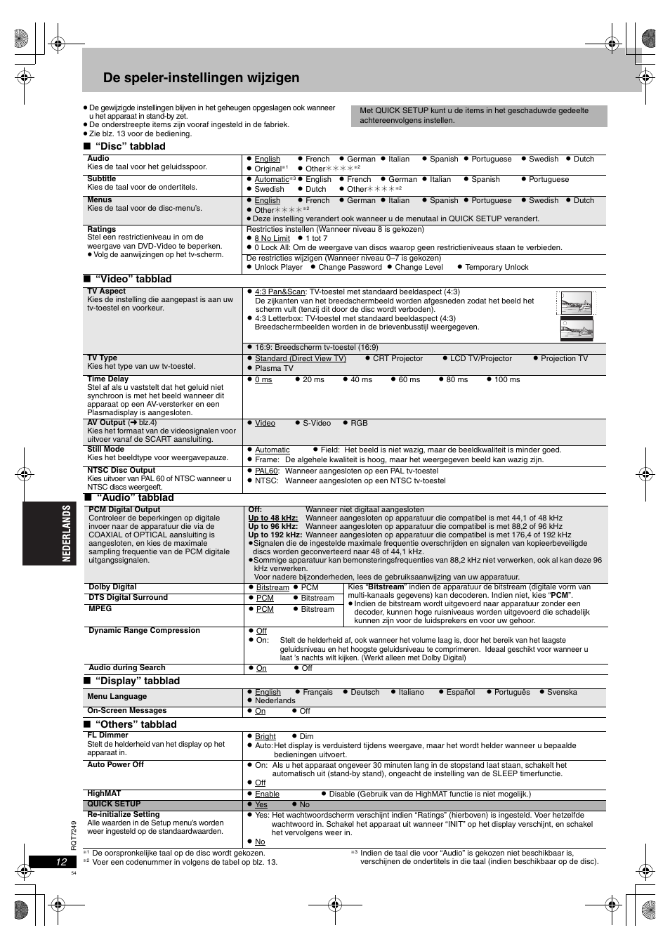De speler-instellingen wijzigen | Panasonic DVDS47EG User Manual | Page 54 / 75