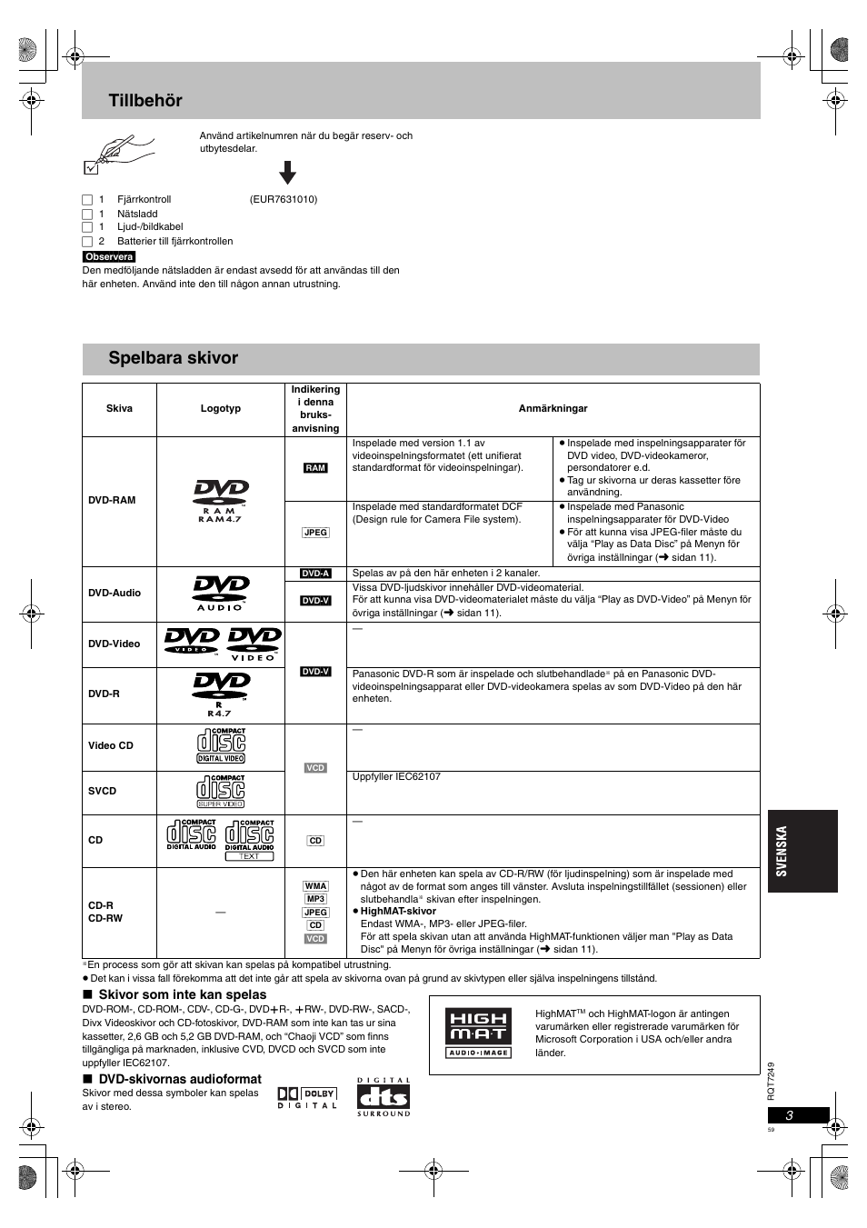 Tillbehör, Spelbara skivor | Panasonic DVDS47EG User Manual | Page 59 / 75