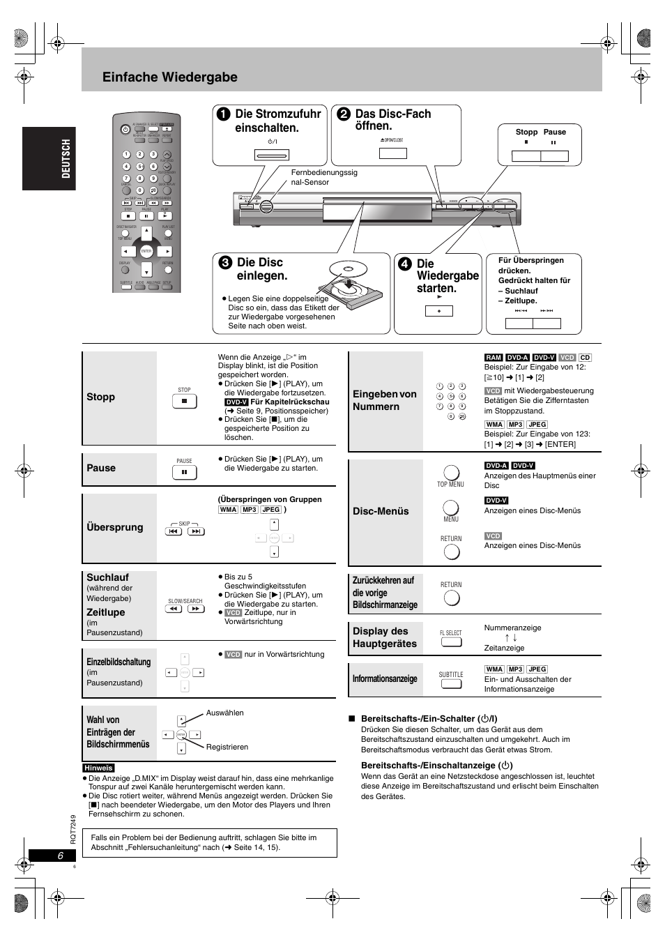 Einfache wiedergabe, Die stromzufuhr einschalten, Das disc-fach öffnen | Die disc einlegen, Die wiedergabe starten, Stopp, Pause, Übersprung, Suchlauf, Zeitlupe | Panasonic DVDS47EG User Manual | Page 6 / 75