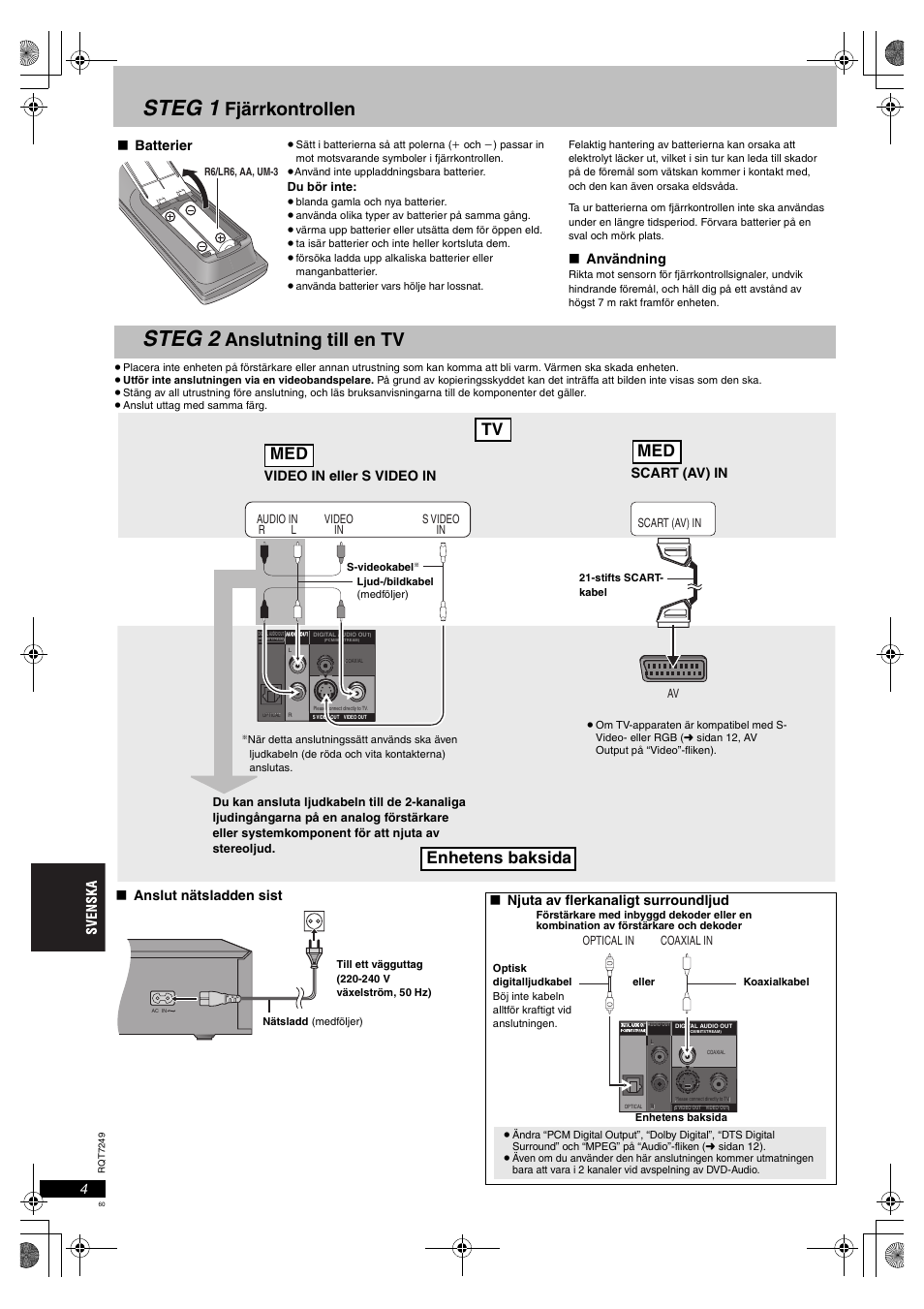 Steg 1, Steg 2, Fjärrkontrollen | Anslutning till en tv, Tv enhetens baksida med med | Panasonic DVDS47EG User Manual | Page 60 / 75