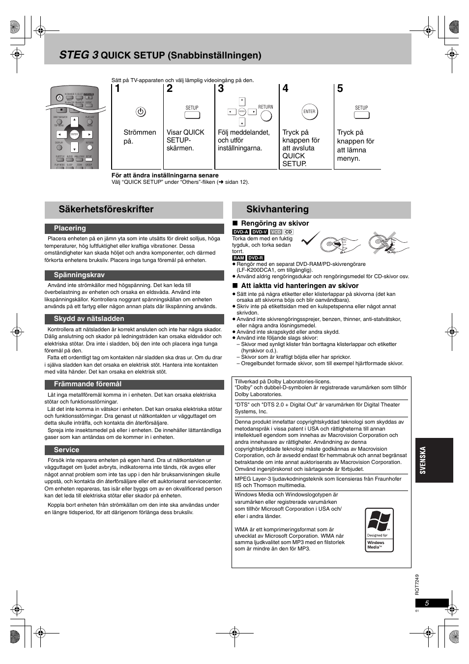 Steg 3, Quick setup (snabbinställningen), Säkerhetsföreskrifter | Skivhantering | Panasonic DVDS47EG User Manual | Page 61 / 75