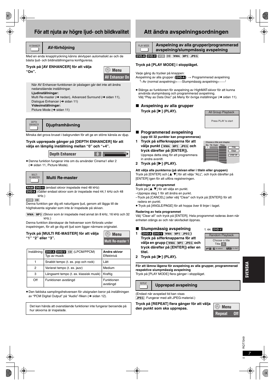 För att njuta av högre ljud- och bildkvalitet, Att ändra avspelningsordningen | Panasonic DVDS47EG User Manual | Page 63 / 75