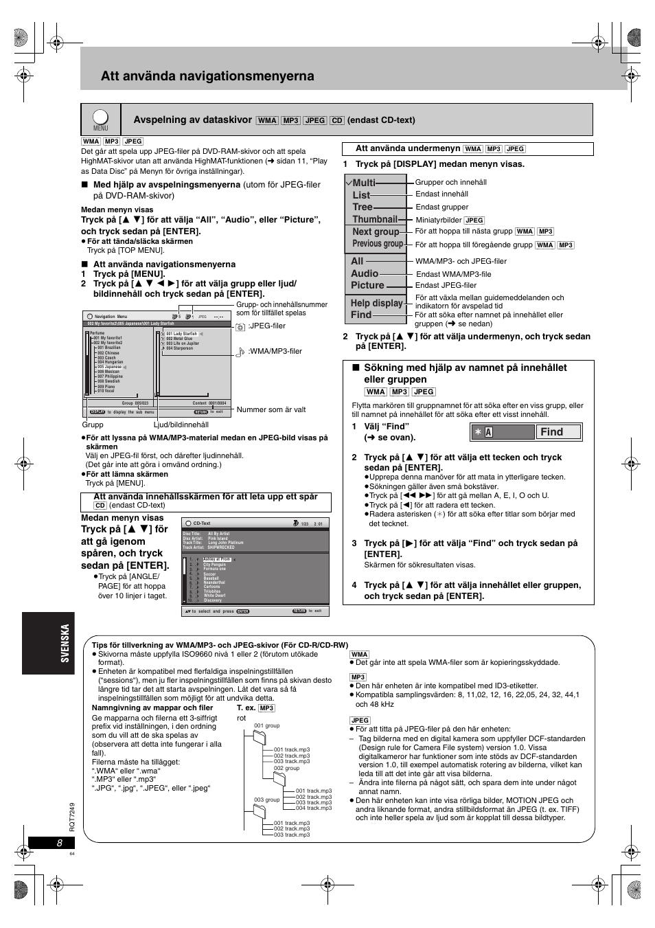 Att använda navigationsmenyerna, Find | Panasonic DVDS47EG User Manual | Page 64 / 75